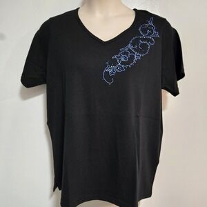 Quacker Factory Size 1X Black Floral Vine Short Sleeve T-shirt A290926 NEW